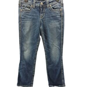Silver Jeans‎ Suki Mid Capri Jeans Womens 30 Blue Fluid Denim Embroidered Grunge